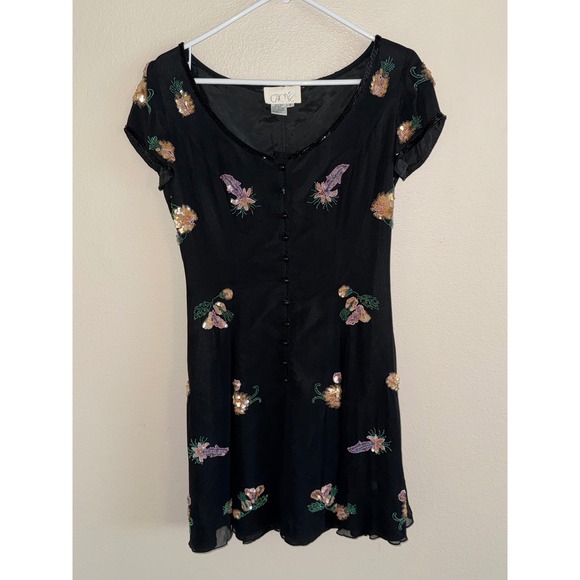 Cache Dresses & Skirts - Vintage Cache Black 100% Silk Beaded Pineapple Floral Mini Dress Womens 6